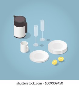 Vector isometric kitchen set: plates, vine glasses, cup, teapot, and half cut lemon. Highly detailed illustration.