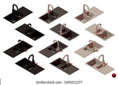 Vector Isometric Kitchen Sink. Set Of Items To Create A Scene. Low Poly 3d Vector Illustration. Scale Cube.