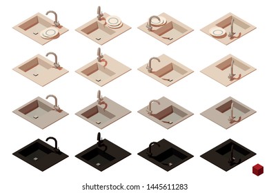 Vector Isometric Kitchen Sink. Set Of Items To Create A Scene. Low Poly 3d Vector Illustration. Scale Cube.