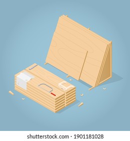 Vector isometric lamber storage illustration. Stack of wooden planks, and the stand with plywood sheets with woodworking tools - saw, chisel, protective glasses, cloth, and wooden shaving.