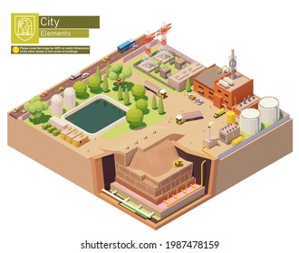 Vector isometric landfill gas power plant. Landfill gas utilization and electricity production. Collecting and treating landfill gas. Landfill site cross-section