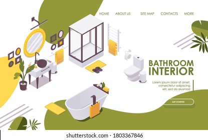 Vector isometric landing page of bathroom without people is an example of an interior for a home, hotel.