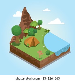 Vector isometric landscape of a tent in the mountains by the lake. Summer illustration.
