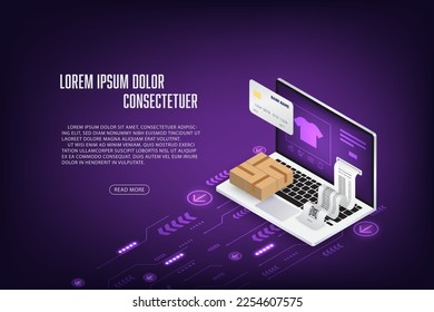 Vector isometric laptop online shopping concept Technology abstract background