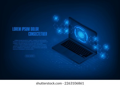 Vektor isometrische Laptop Sicherheit Online Banking Anwendung Konzept. Fingerabdruck auf der Leiterplatte mit Laptop.