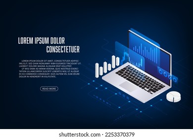 Vector isometric laptop with stock chart concept Technology abstract background.