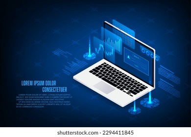 Vector isometric laptop with stock chart concept. Technology business.