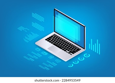 Vector isometric laptop storage concept Technology abstract background.