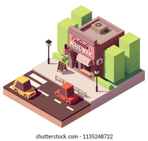 Vector isometric laundromat building with signboard and bicycle parking