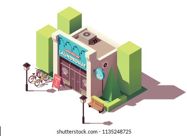 Vector isometric laundromat building with signboard and bicycle parking