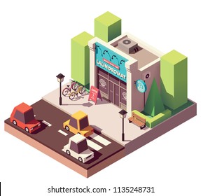 Vector isometric laundromat building with signboard and bicycle parking
