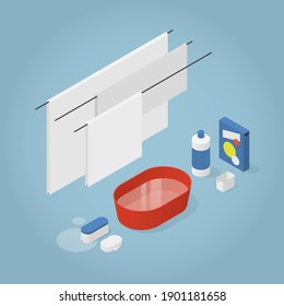 Vector isometric laundry illustration. Drying clean linen on clothesline with laundry detergent, measuring jug bucket with water, scrub brush and soap.