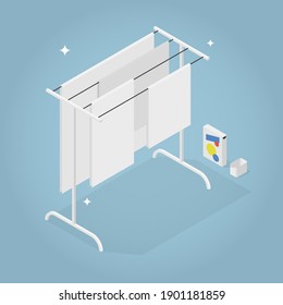 Vector isometric laundry illustration. Drying clean linen on clothesline, laundry detergent and measuring jug.