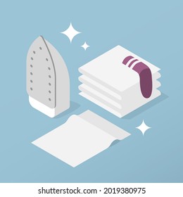 Vector isometric laundry illustration. Iron and stack of clean clothes and sticky roller. Housework concept.