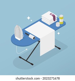 Vector isometric laundry illustration. Ironing board with iron and linen on it, stack of clean clothes and sticky roller.