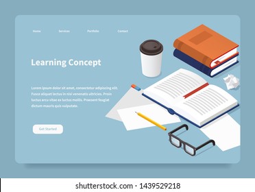 Vector isometric learning landing page. Student desk illustration: open book with a bookmark, papers, pencil, glasses, papers, eraser. Studying before exam concept.