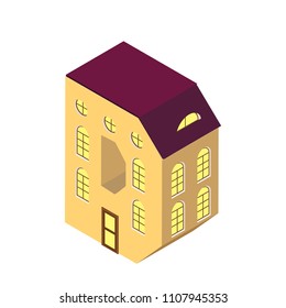 Vector Isometric vector letter d yellow isolated on white town house in shape of letter d house of sity lettering funny 3d letter isometric house with red roof 