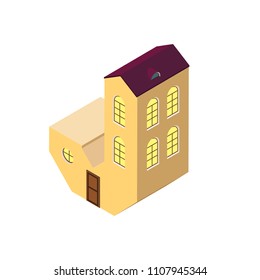 Vector Isometric vector letter j yellow isolated on white town house in shape of letter j house of sity lettering funny 3d letter isometric house with red roof 