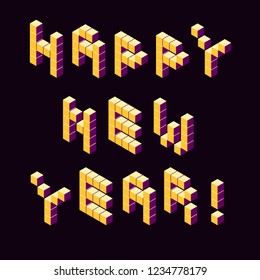 Vector isometric lettering happy new year isometric pixel voxel volumetric 3d pixel  pink on yellow numbers 2019 year lettering isimetric typewriting happy new year lettering