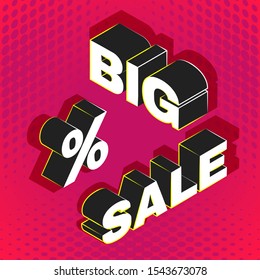 vector isometric lettering mockup BIG SALE inscription percent sign advertising banner template promotion layout red background
