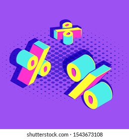 vector isometric lettering mockup various angles percent signs pop art advertising banner template promotion layout violet background
