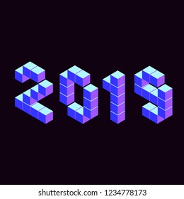 Vector isometric lettering numbers 2019 isometric pixel voxel volumetric 3d pixel numbers 2019 blue on black numbers 2019 year lettering isimetric typewriting