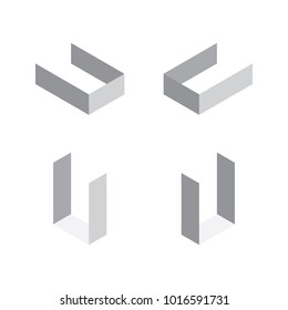 Vector isometric letters U in various foreshortening views. Edge outline alphabet.