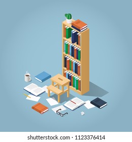 Vector isometric library illustration. Bookcase full of books with some of them laying around, glasses, open books, papers pencil and mug. Reading or preparing for exam concept.