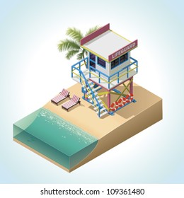 Vector isometric lifeguard tower on the sea beach