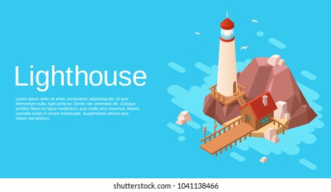 Vector isometric lighthouse on rock stone cliff island with wooden house and pier on blue sea, ocean water background. Illustration with marine navigation game landscape constructor object