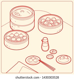 Vector isometric line illustration. Popular Asia food   Dim Sum set collection. Included Bun and Dumpling.