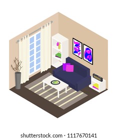 Vector isometric living room with big window, sofa, coffee table, bookcase. Flat illustration. Isometric living room with furniture.