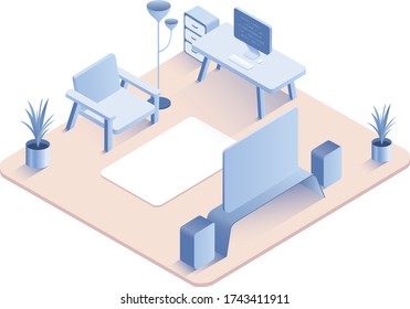 El concepto de sala de estar isométrica vectorial en estilo 3d plano. Interior con mesa, televisión, ordenador, flores, altavoces, lámpara de pie, armario y silla.