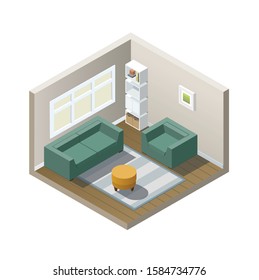 Vector isometric living room with furniture, armchair and sofa with carpet, interior flat items  