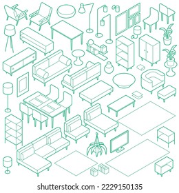 Vector isometric living room furniture icon set. Sofa, coffee table, rack, lamp etc. Outline design with optional white fill. All objects are separate. To turn object just reflect it horizontally.