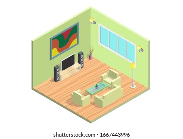 Vector isometric living room icon. Room includes sofa, coffee table, tv and other furniture