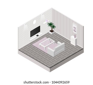 Vector isometric living room. Room includes sofa, coffee table, tv and other furniture.
