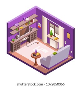 Vector isometric living room interior section. Cozy modern 3d house room in day light from window. Illustration sideboard with tv set with game console joystick sofa purple wall white carpet floor
