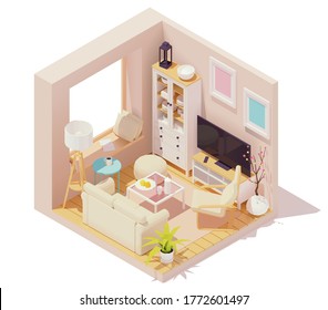 Vector isometric living room interior with sofa, coffee table, tv and stereo system speakers, floor lamp and windows with roman blinds