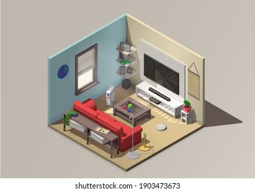 Vector isometric living room interior with red sofa