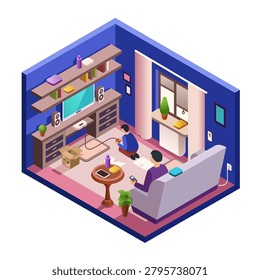 Vector isometric living room interior section with father watching tv sitting at sofa, son playing game console joystick. Illustration with family male characters, man and kid in cozy modern 3d room.