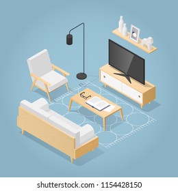 Vector isometric living room in mid century style. Sofa with pillows, chair, poster and book shelf on the wall, coffee table with vase open book and glasses, rug on the floor. Detailed illustration.