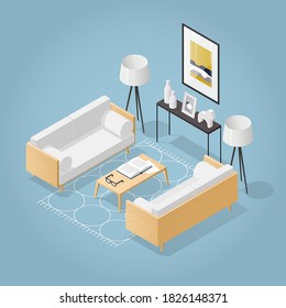 Vektor isometrisches Wohnzimmer im Stil der Mitte des Jahrhunderts. Zwei Sofas mit Kissen, Plakat, Couchtisch, Vase, Bücher und Brille, Lampe, Teppich auf dem Boden. Detaillierte Abbildung.
