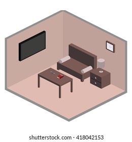 Vector isometric living room with plasma TV. Interior of lounge 