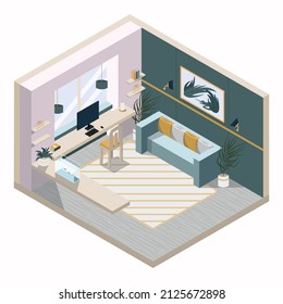 Vector Isometric Living Room With A Sofa, A Computer, Books, Tables, A Chair, A Carpet, Flowers And A Picture. Isometric 3d Illustration With Room Furniture In Actual Colors. Isolated. House Vector 