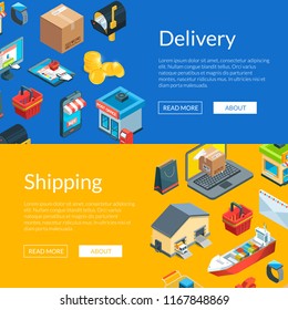 Vector isometric logistics and delivery icons. Web banne and poster page templates illustration