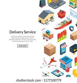 Vector isometric logistics and delivery icons background with place for text illustration
