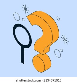 Vector isometric looking for solution illustration. Question mark with magnifier. Looking for answer, research, solution concept. Simple design.