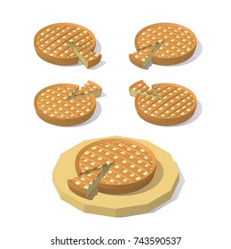 Vector isometric low poly Apple pie. Apple pie from different angles.