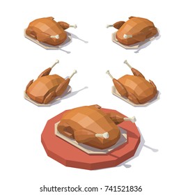 Vector isometric low poly Baked turkey on a tray. Turkey from different angles.